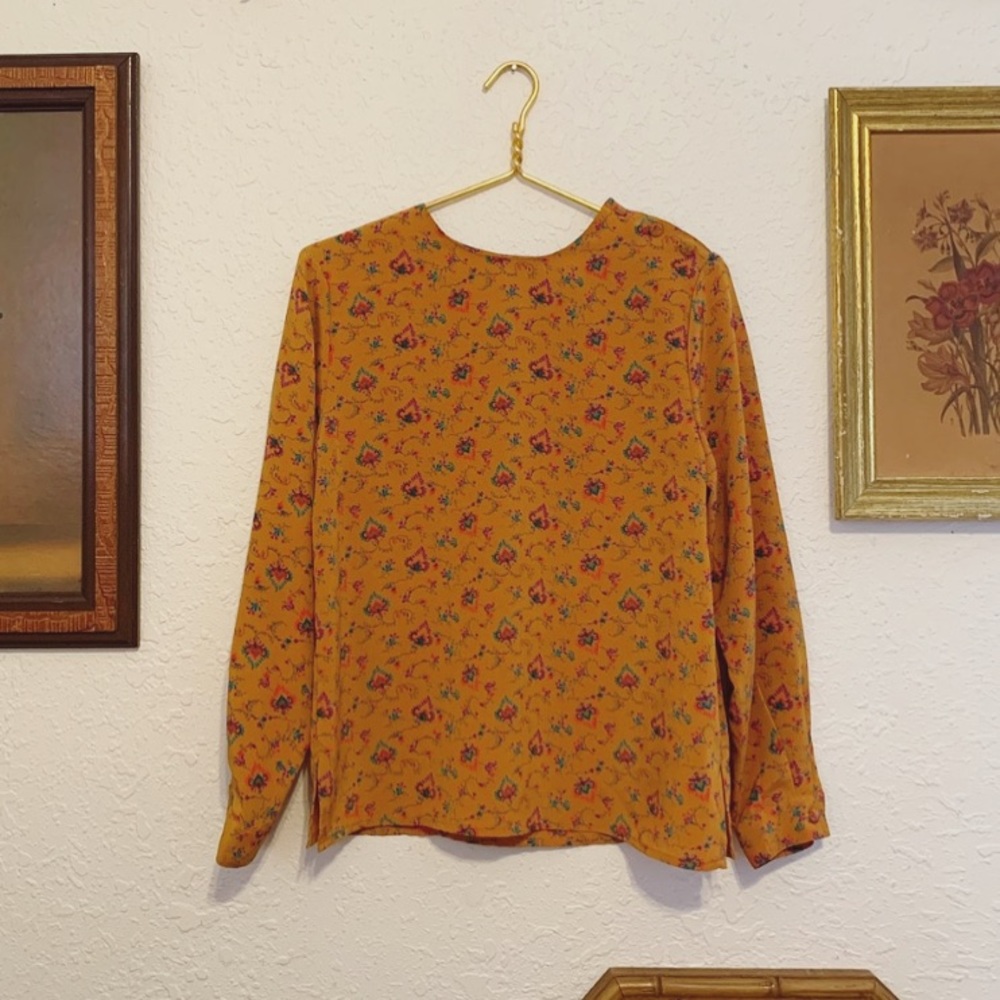 Vintage top blouse in mustard gold jewel paisley floral